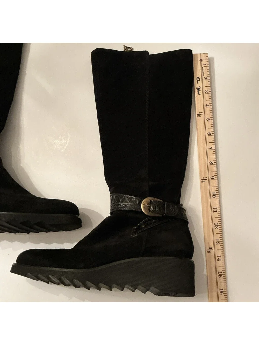 Donald J Pliner Knee High Boots Hesaid ITALY Womens 8 M Black Suede Wedge Heel
